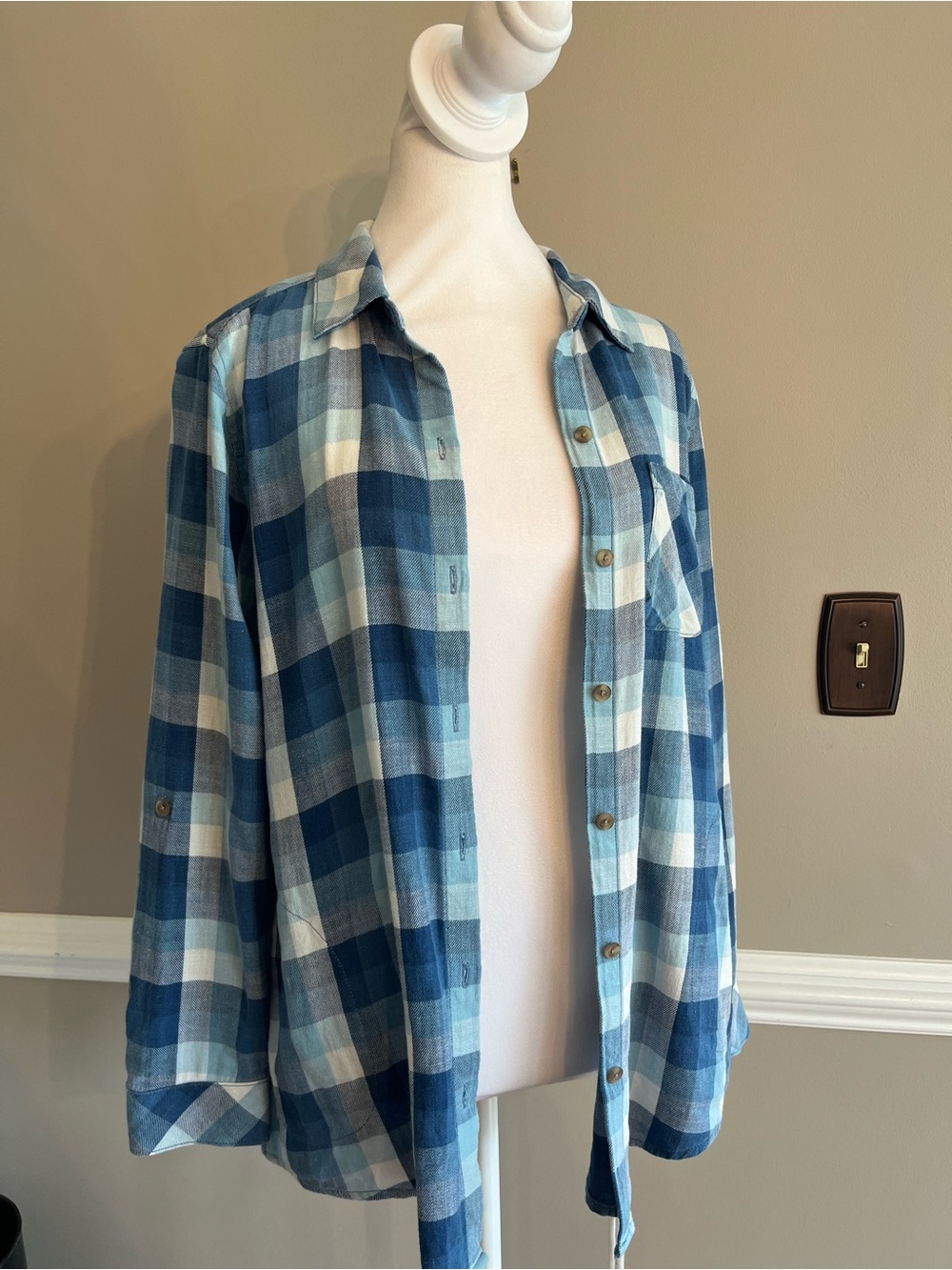 J. Jill Blue Plaid Button-Front Shirt lightweight cotton roll tab sleeves